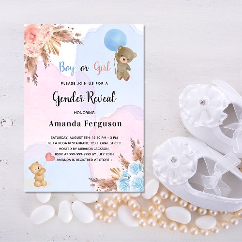 Gender reveal pampas grass teddy bear luxury invitation