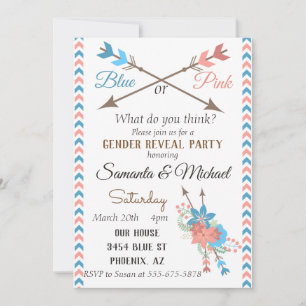 Gender Reveal Party Arrow Blue Pink Boho Flowers Invitation