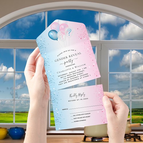 Gender reveal party blue pink balloons RSVP All In One Invitation