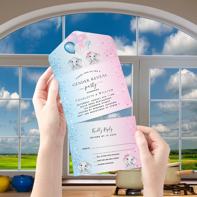 Gender reveal party blue pink elephants  RSVP All In One Invitation (Creator Uploaded)