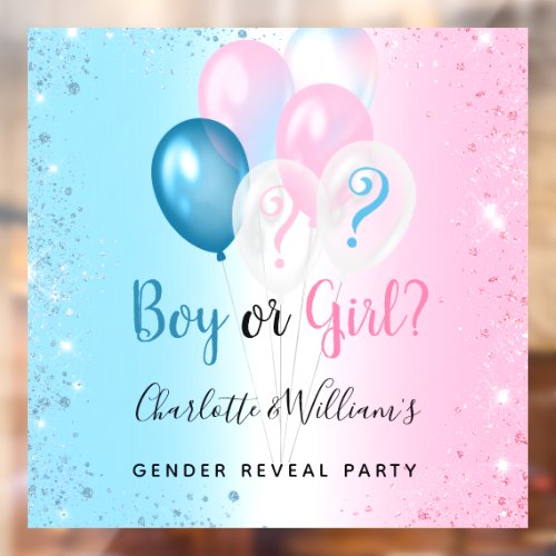 Gender reveal party boy girl blue pink balloons window cling