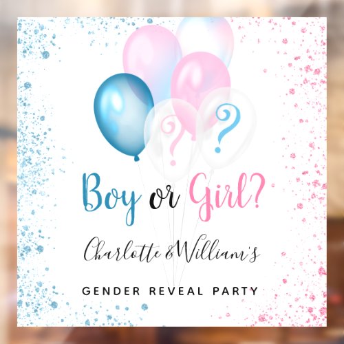 Gender reveal party boy girl blue pink glitter bal window cling