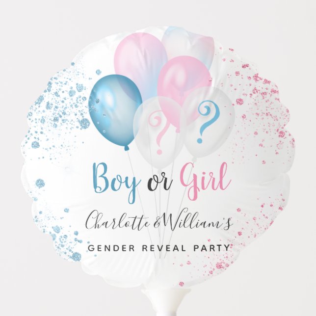 Gender reveal party boy girl blue pink glitter balloon (Front)