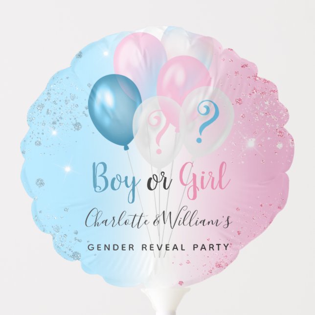 Gender reveal party boy girl blue pink glitter balloon (Front)