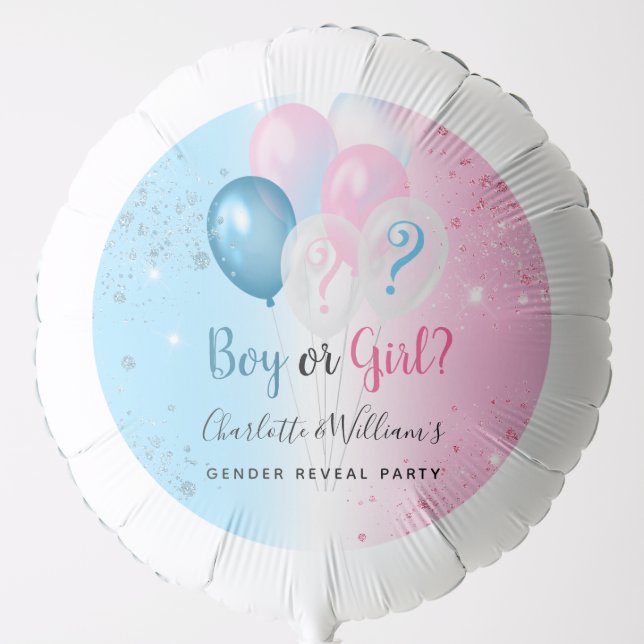 Gender reveal party boy girl blue pink glitter balloon (Front)
