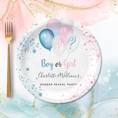 Gender reveal party boy girl blue pink glitter paper plates