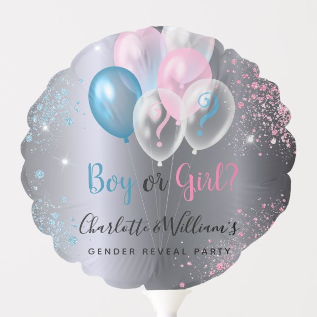 Gender reveal party boy girl blue pink silver balloon (Front)