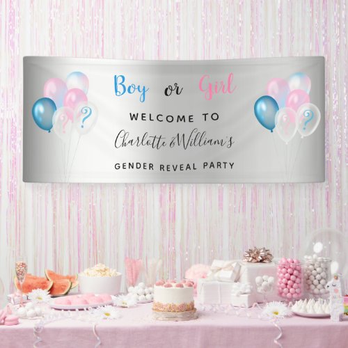 Gender reveal party boy girl blue pink silver banner