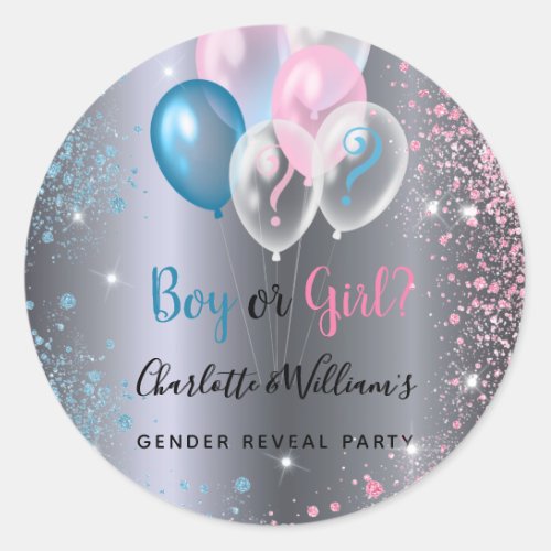 Gender reveal party boy girl blue pink silver classic round sticker