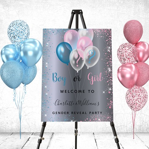 Gender reveal party boy girl blue pink silver foam board
