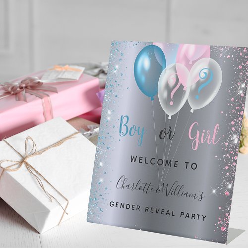 Gender reveal party boy girl blue pink silver pedestal sign