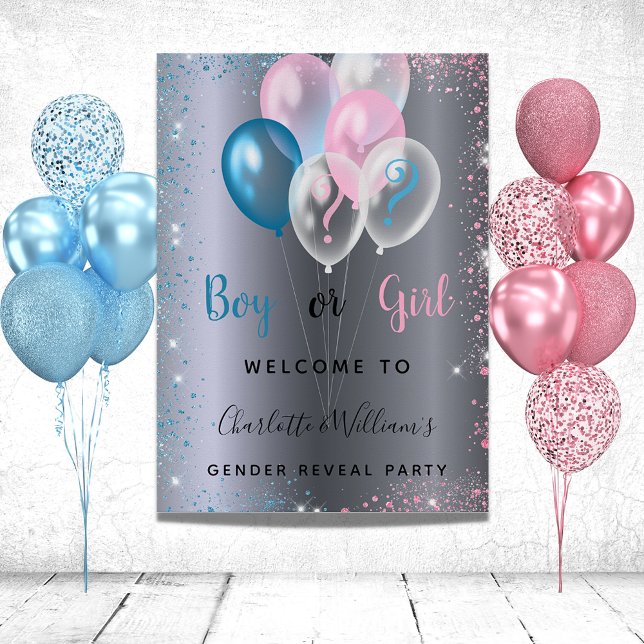 Gender reveal party boy girl blue pink silver poster (Creator Uploaded)
