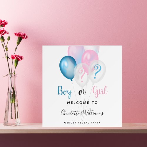 Gender reveal party boy girl blue pink welcome foam board