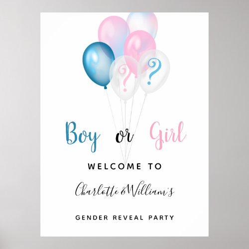 Gender reveal party boy girl blue pink welcome poster