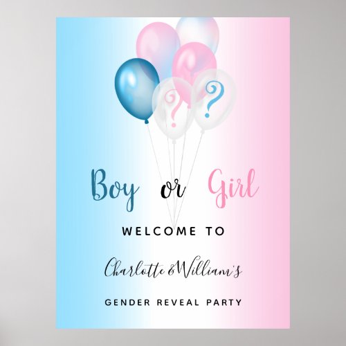 Gender reveal party boy girl blue pink welcome poster