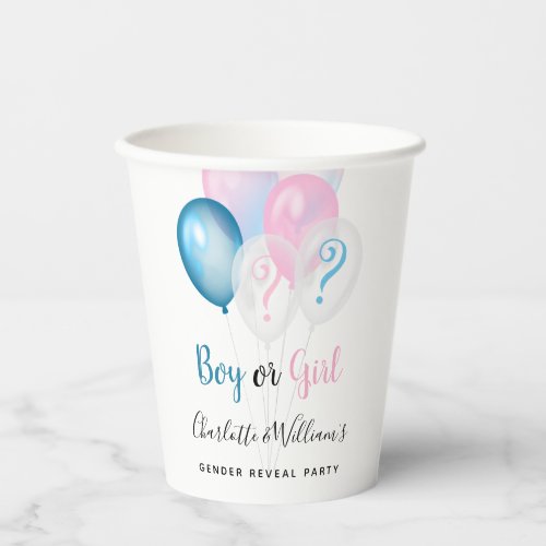Gender reveal party boy girl blue pink white paper cups