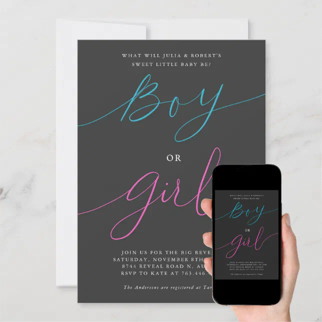 Gender Reveal Party Boy or Girl Modern Script Grey Invitation | Zazzle