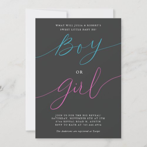 Gender Reveal Party Boy or Girl Modern Script Grey Invitation