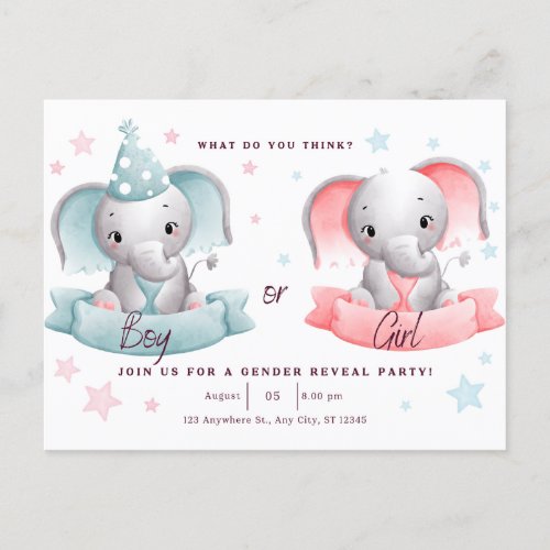 gender reveal party cute elephanthe or she postcard