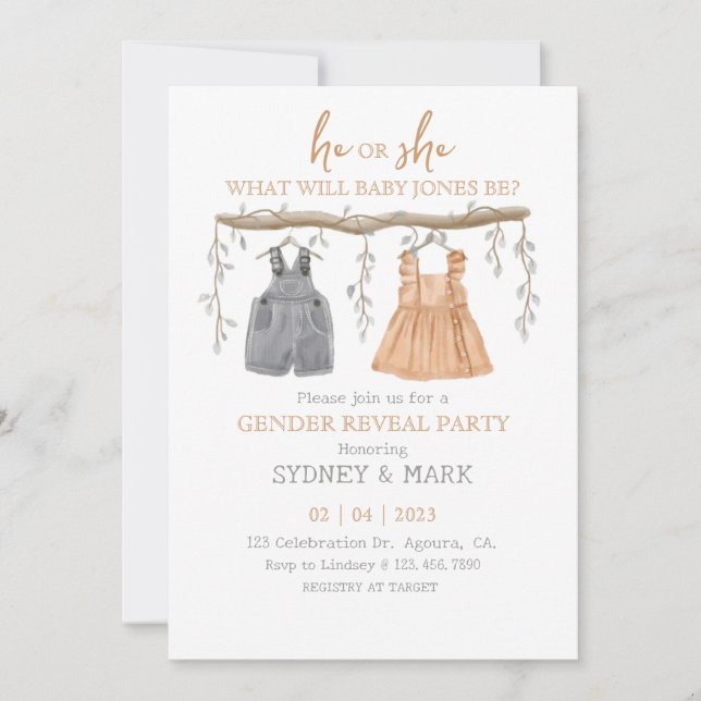 Gender reveal Party, Gender Reveal, He or She Invitation (Front)
