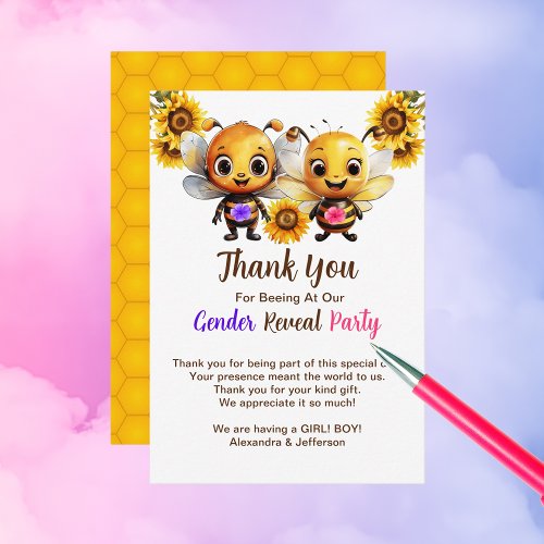 Gender Reveal Party He or She Baby Bee Shower Thank You Card