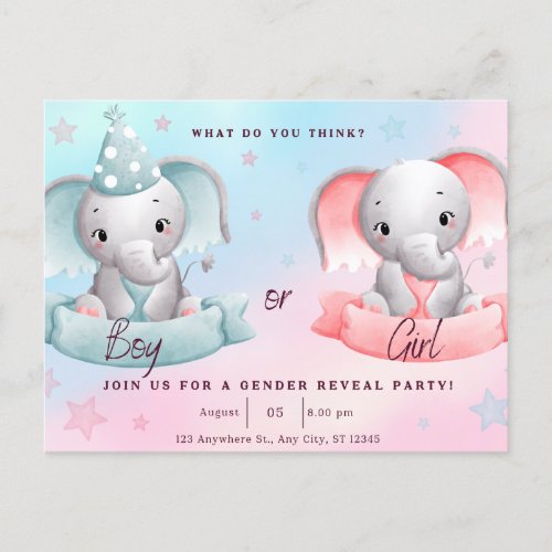 gender reveal party he or she postcard