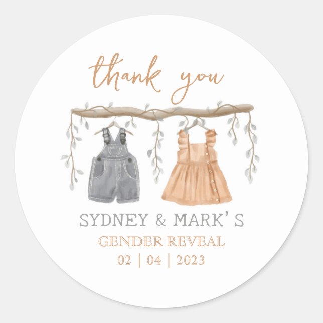 Gender reveal Party, He or She, Thank you Classic Round Sticker (Front)