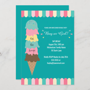 Gender Reveal Party Heres the Scoop Ice Cream Teal Invitation