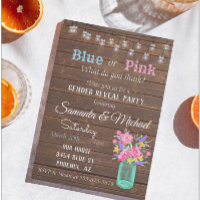 Gender Reveal Party Mason Jar Wood Rustic Lights Invitation