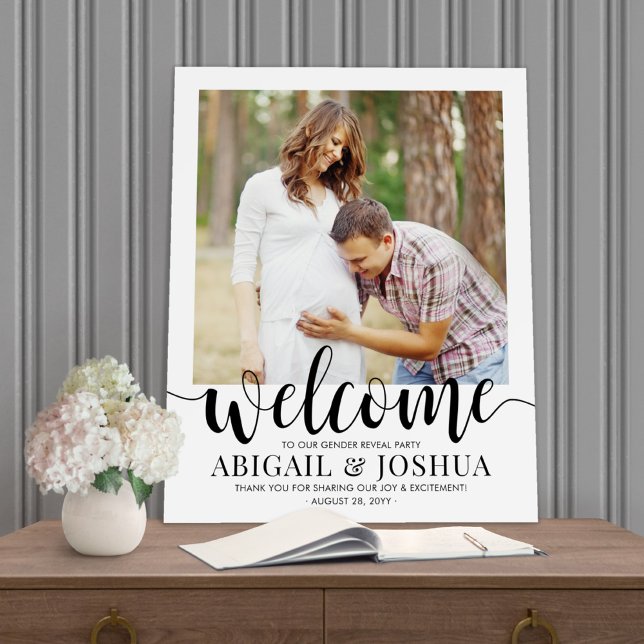 Gender Reveal Party Modern Script & Photo Welcome Foam Board (Creator Uploaded)