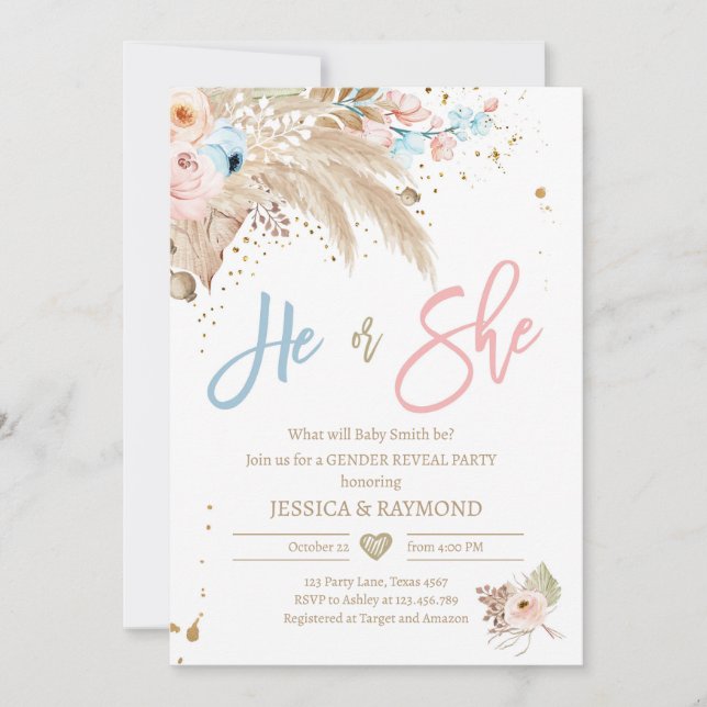 Gender Reveal Party Pampas Grass Boho Tropical Invitation (Front)