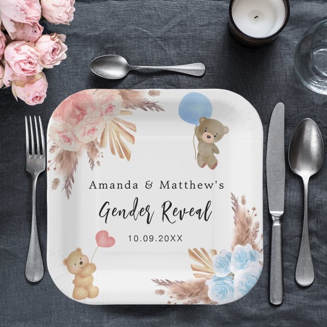 Gender reveal party pampas teddy bear boy girl paper plates (Creator Uploaded)