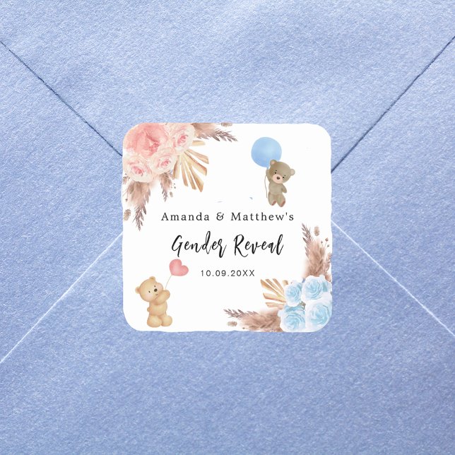 Gender reveal party pampas teddy bear boy girl square sticker (Creator Uploaded)