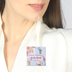 Gender reveal party pampas teddy bear pink blue button