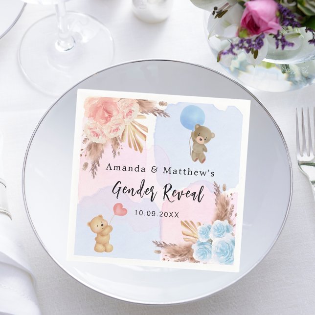 Gender reveal party pampas teddy bear pink blue napkins (Creator Uploaded)