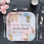 Gender reveal party pampas teddy bear pink blue paper plates<br><div class="desc">A watercolored pink and blue background. Decorated with rose gold,   blush pink and blue florals,  pampas grass. A teddy boy holding a blue balloon and a teddy girl holding a pink balloon. Personalize and add the parents names and the party date.</div>