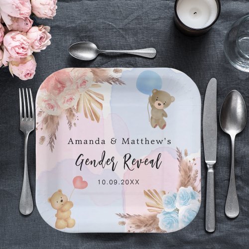 Gender reveal party pampas teddy bear pink blue paper plates