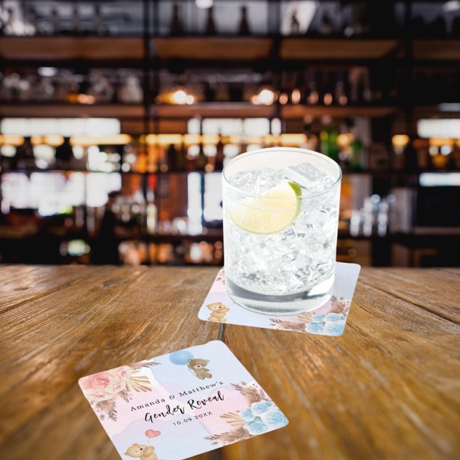 Gender reveal party pampas teddy bear pink blue square paper coaster (Creator Uploaded)