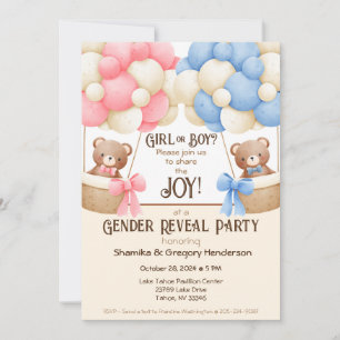 Gender Reveal Party Pink & Blue Balloon Bears Invitation