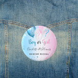 Gender reveal party pink blue boy girl balloons button<br><div class="desc">For a gender reveal baby shower,  A blue and pink gradient background. Decorated with glitter and blue,  pink and white balloons. With the text: Boy or Girl. Personalize and add the name of the parents.</div>