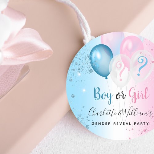 Gender reveal party pink blue boy girl balloons classic round sticker