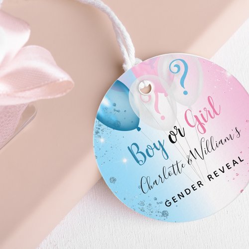 Gender reveal party pink blue boy girl balloons favor tags