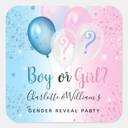Gender reveal party pink blue boy girl balloons square sticker