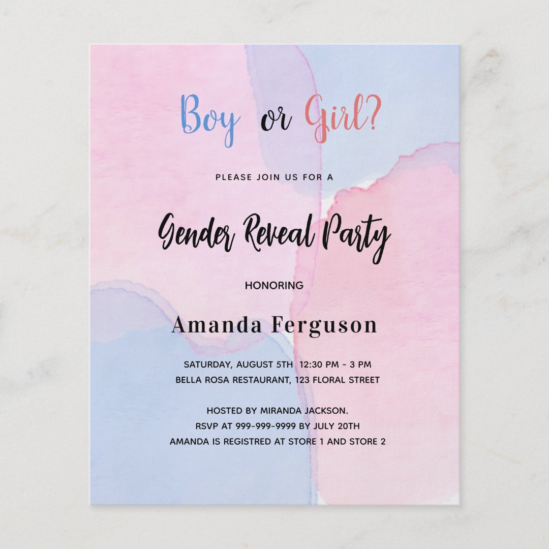 Gender Reveal Party Pink Blue Budget Invitation Flyer Zazzle 6527