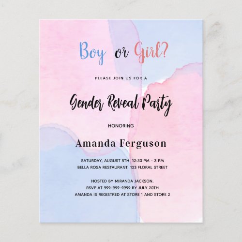 Gender reveal party pink blue budget invitation flyer