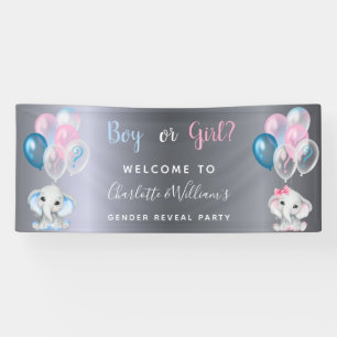 Gender reveal party silver baby elephants banner