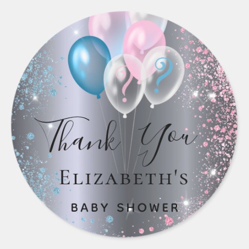 Gender reveal party silver blue pink boy girl classic round sticker