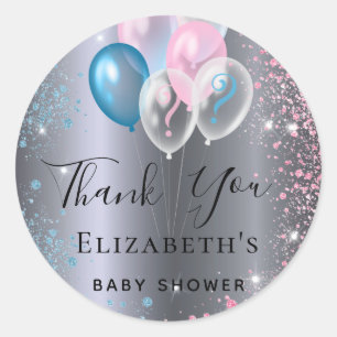 Gender reveal party silver blue pink boy girl classic round sticker