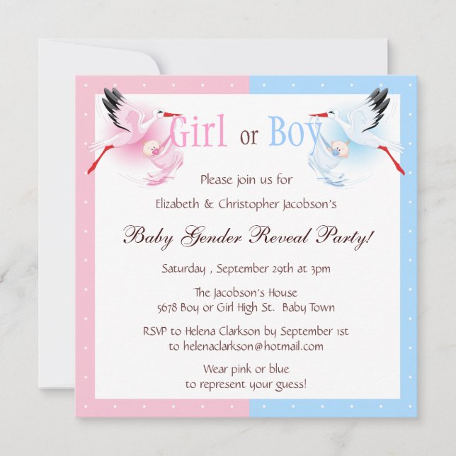 Gender Reveal Party Stork Delivering Baby Invitation (Front)