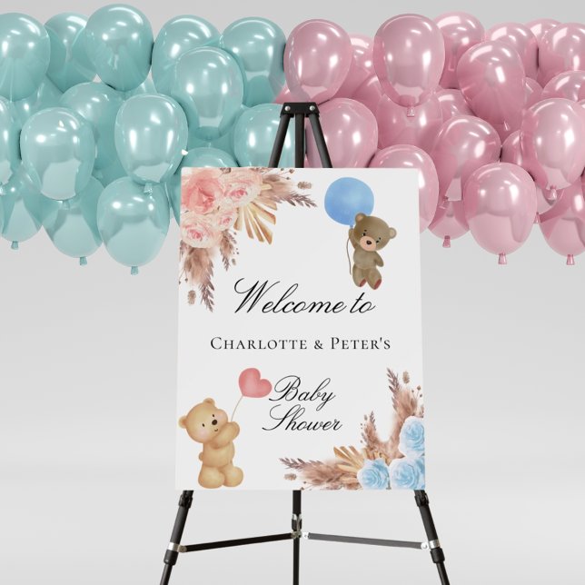 Gender reveal party teddy bear pampas grass couple foam board (Creator Uploaded)